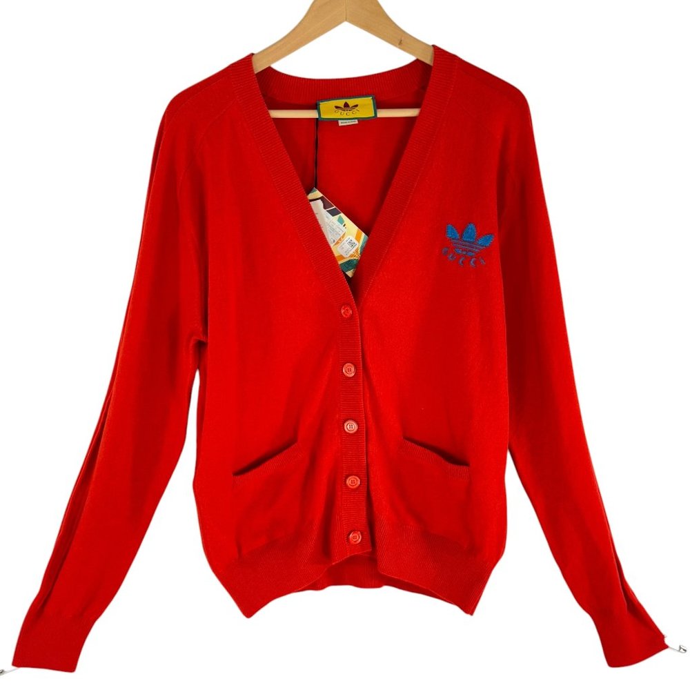 GUCCI X ADIDAS Orange Wool GG Women's Cardigan Made in Italy Marked as "L"